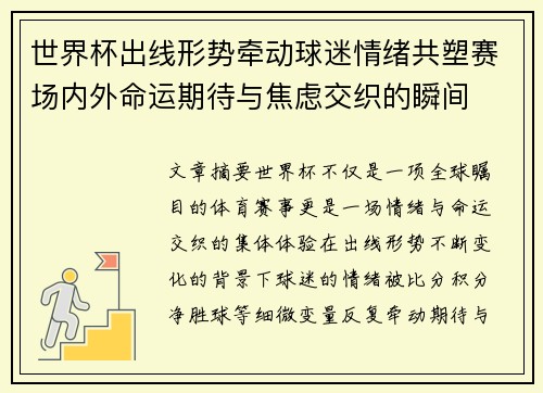 世界杯出线形势牵动球迷情绪共塑赛场内外命运期待与焦虑交织的瞬间