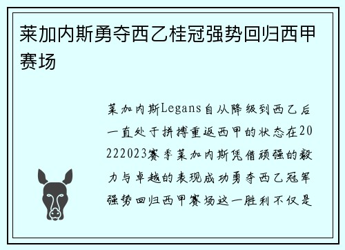 莱加内斯勇夺西乙桂冠强势回归西甲赛场 莱加内斯勇夺西乙桂冠强势回归西甲赛场